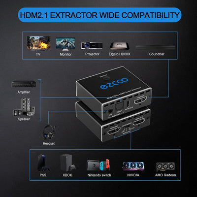 8K@60Hz 4K@120Hz HDMI2.1 Audio Extractor 2 in 1 Out,48 Gbps,HDCP 2.3, SPDIF 5.1Ch,L/R 2.1Ch,Supports