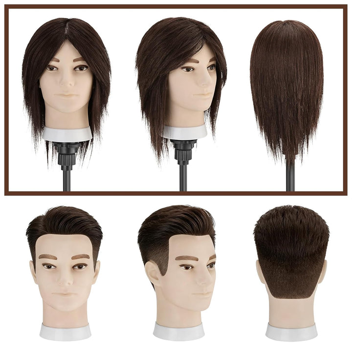 TwoWin 33 cm (13 Zoll) Frisierkopf Echthaar, Mann Friseurkopf Übungskopf 100% echthaar, Trainingskop