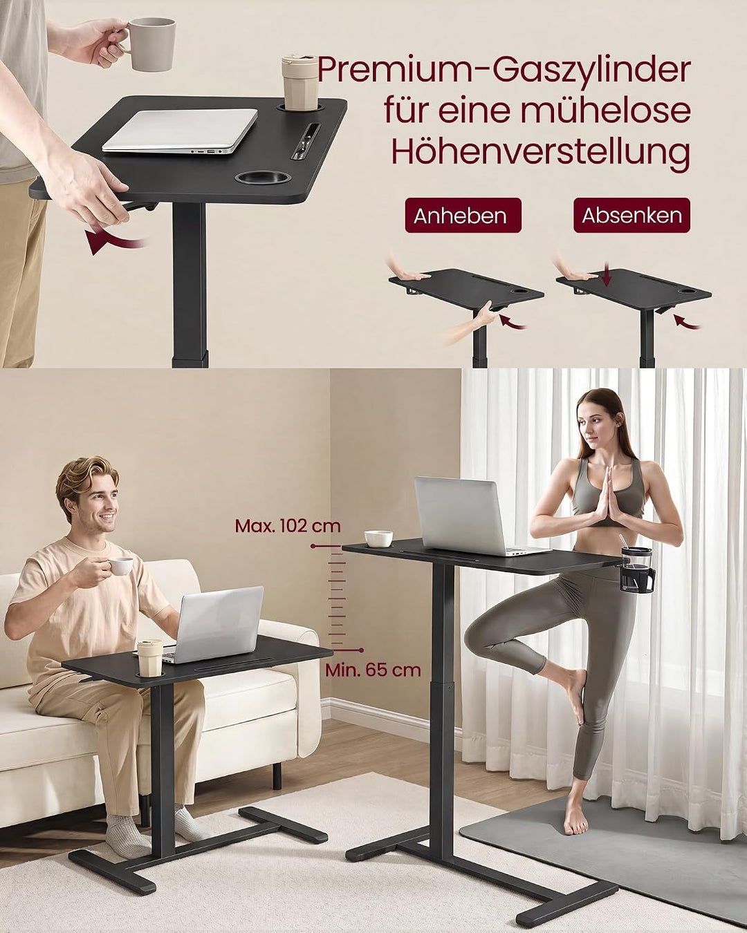 VASAGLE Beistelltisch mit Rollen, mobiler Stehtisch, 80 x 45 cm grosse Tischplatte, verstellbare Höh