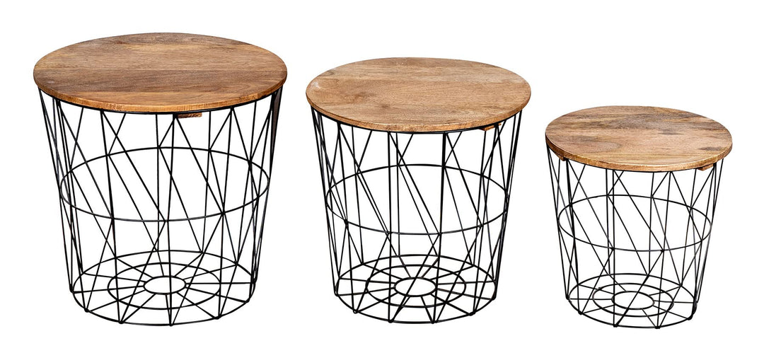 levandeo 3er Set Beistelltisch Metall Metallkorb Schwarz Mango Couchtisch Holz Deckel Deko Aufbewahr