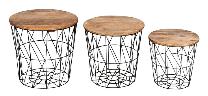 levandeo 3er Set Beistelltisch Metall Metallkorb Schwarz Mango Couchtisch Holz Deckel Deko Aufbewahr