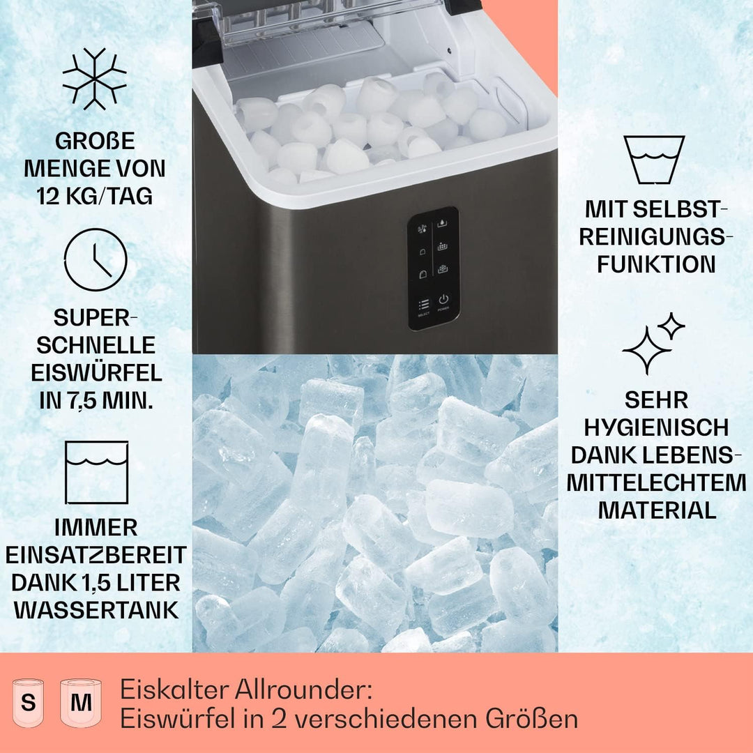 Klarstein Eiswürfelmaschine für Zuhause Camping Gastro, Schnelle Mini Eiswürfelmaschine Klein, Profi