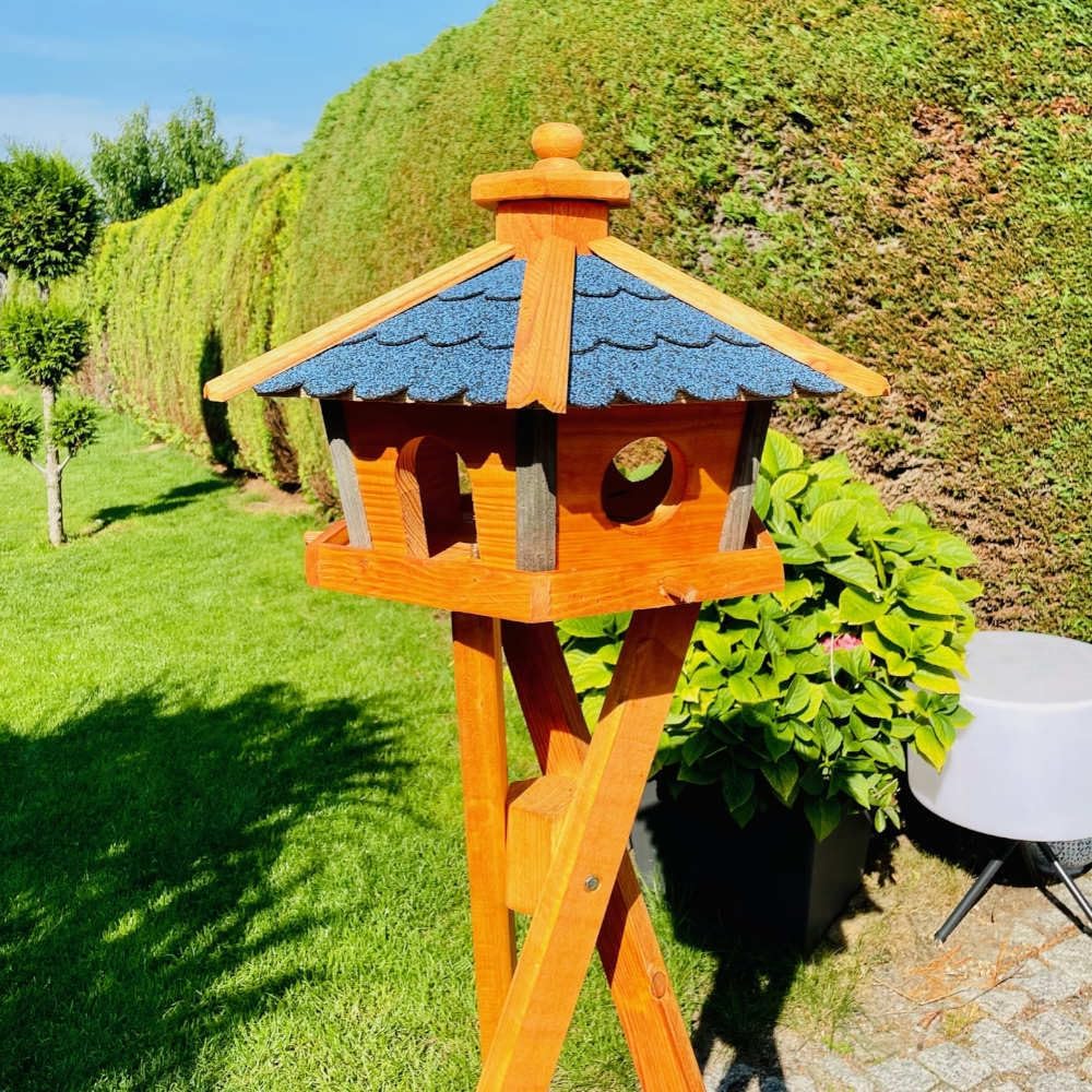 Vogel Futter Haus L oder XL Sechseck Holz Vogelhaus Futterstelle Braun/Blau, Rot, Schwarz und Grün (