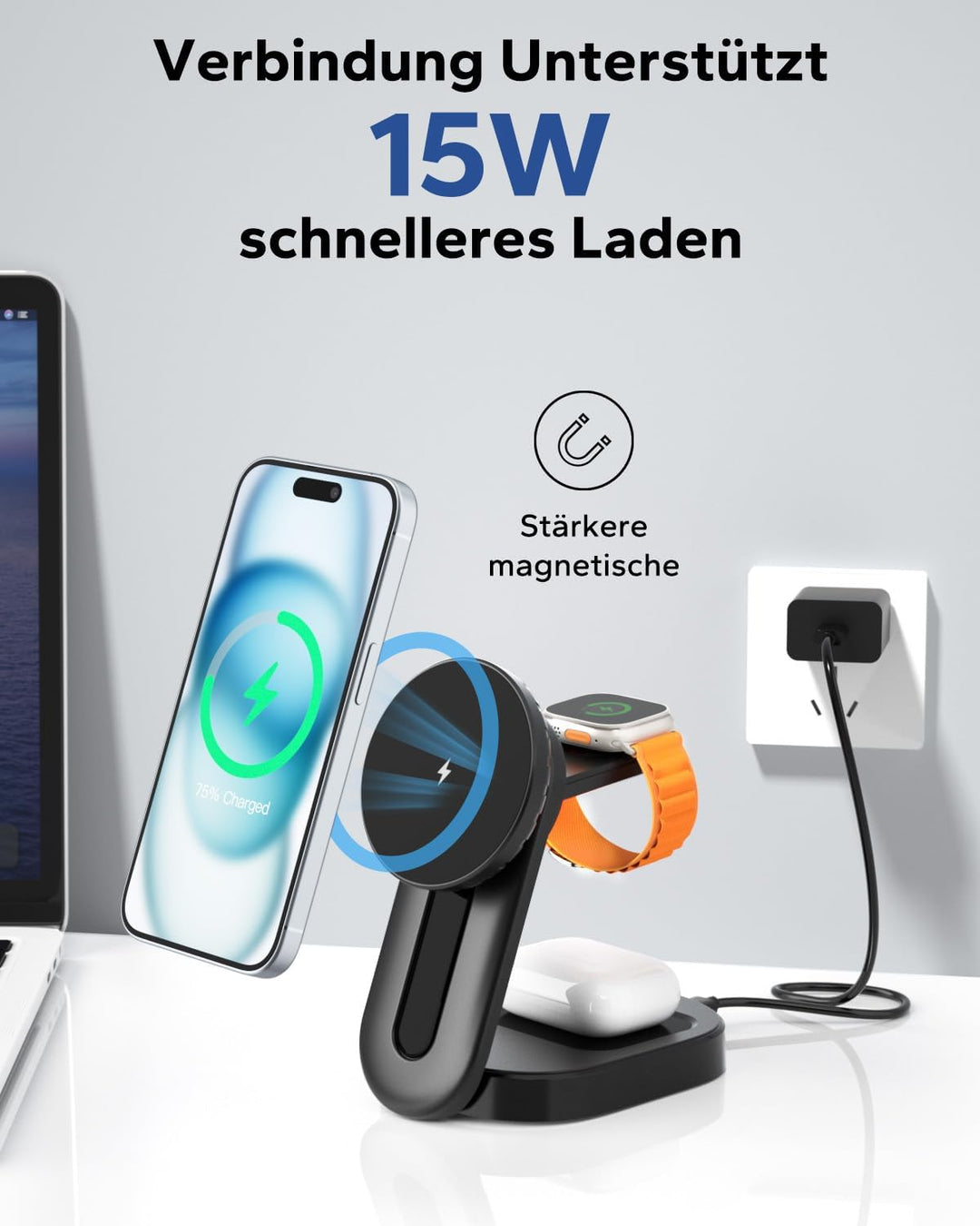 KPON Magsafe Ladestation 3-in-1 Faltbar,15w Magsafe Ladegerät für Apple,Tragbare Schnellladestation