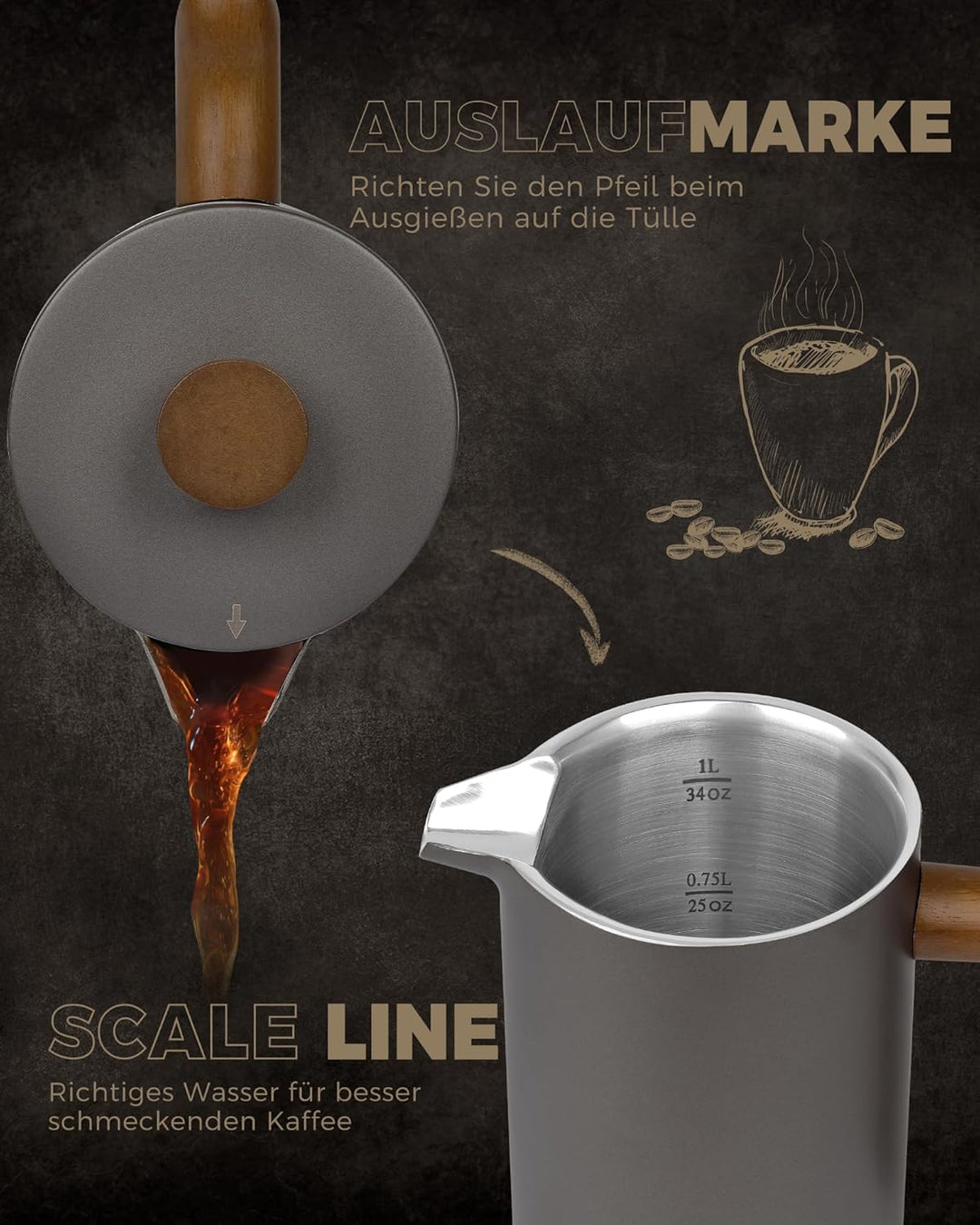 Poliviar French Press Kaffeebereiter 1 Liter/8 Tassen, Doppelwandige Isolierte Kaffeekanne und Teebe