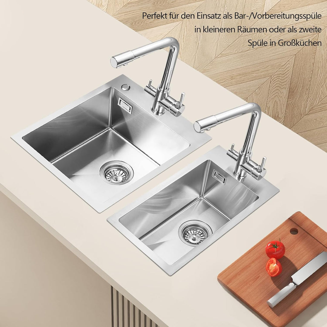 ROVOGO Küchenspüle 50 x 28 cm Edelstahl 304 Gebürstet, Spülbecken Küche mit Armaturloch, Ablaufgarni
