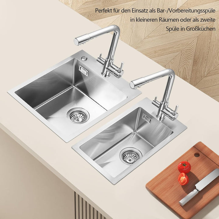 ROVOGO Küchenspüle 50 x 28 cm Edelstahl 304 Gebürstet, Spülbecken Küche mit Armaturloch, Ablaufgarni
