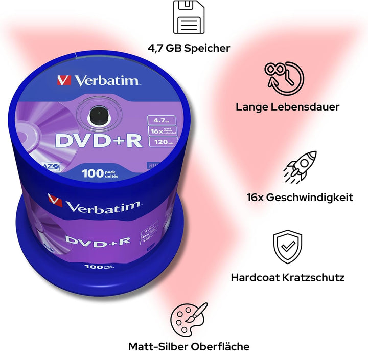 Verbatim DVD+R 16x Matt Silver 4.7GB, 100er Pack Spindel, DVD Rohlinge, 16-fache Brenngeschwindigkei