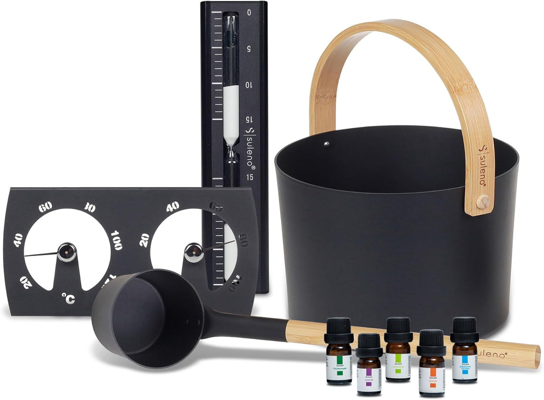 SULENO - Sauna Set KJELL | 9-teilig - Saunakübel, Saunakelle, Klimamesser 2in1, Sanduhr, Saunadüfte,