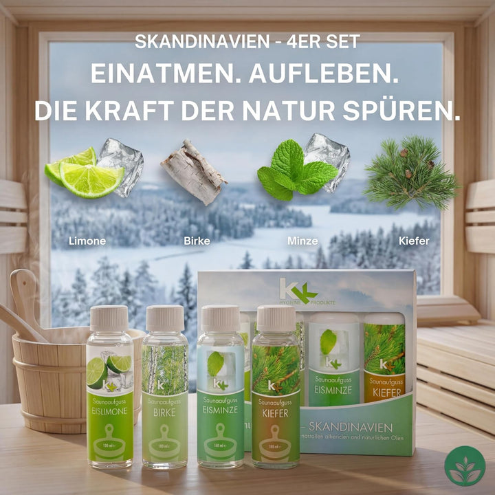 KK Saunaaufguss-Set Skandinavien - Made in Germany - 4 verschiedene Duftsorten in einem Set - Eislim