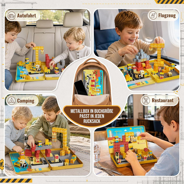 Magnetische Bausteine Reiseset Baustelle: 100 Teile für Jungen | Baustellen-Magnetwürfel mit Metalld