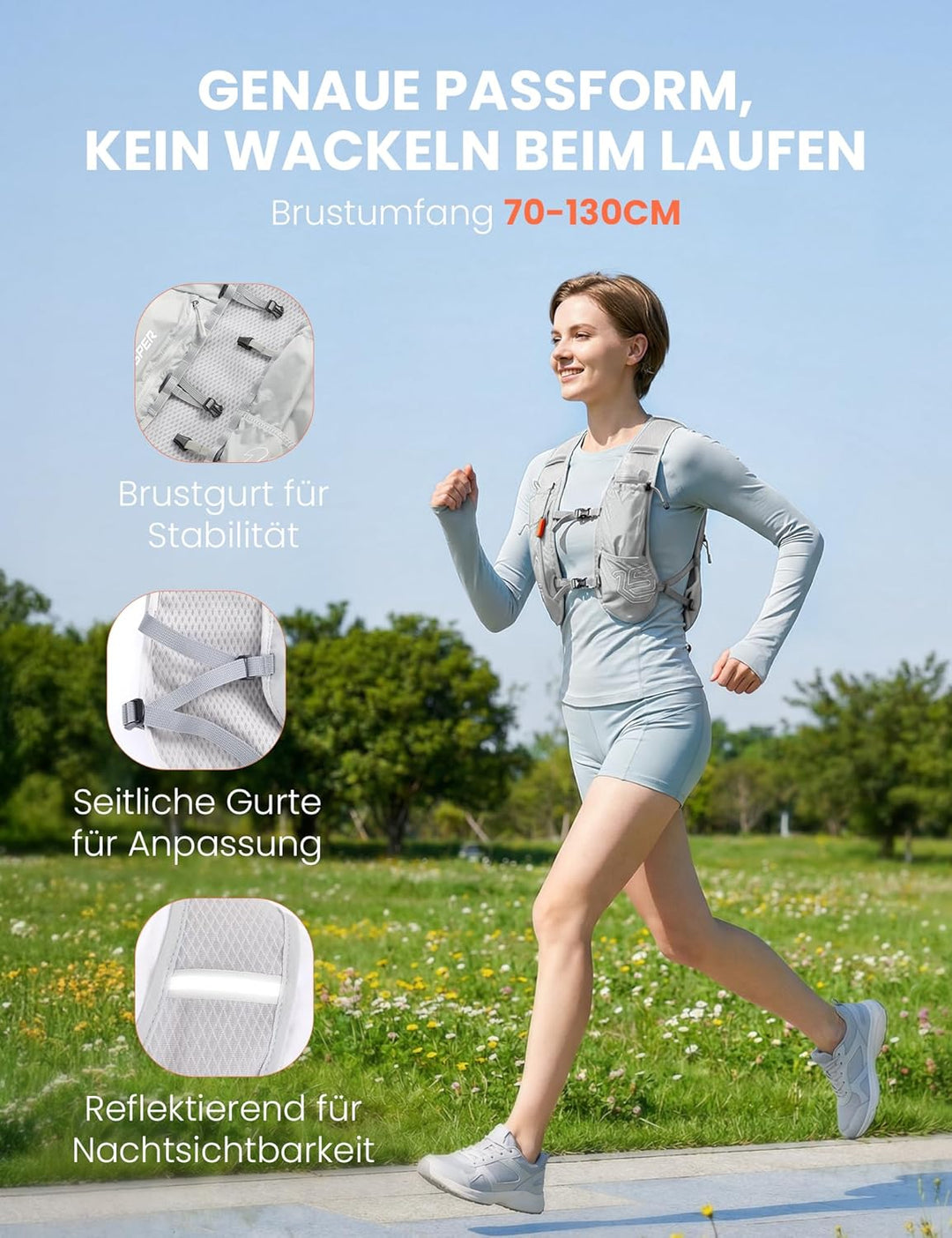 SKYSPER Laufweste für Damen Herren 12L Laufrucksack mit 500ml Trinkflasche Reflektierende Trinkweste