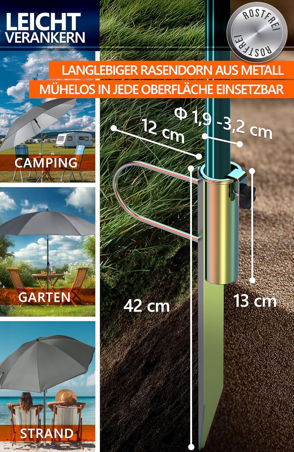 4smile Sonnenschirm Strand SunnyJoy, Anthrazit – 3er Set inkl. Strandschirm windfest stabil, Rasendo