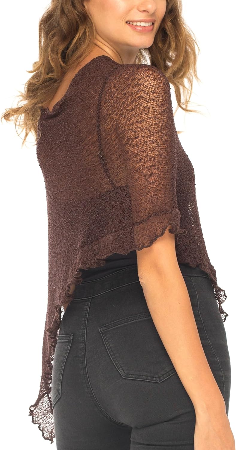 SHU-SHI - Damen Poncho-Top mit Rüschen - transparent - leichtes Strickmaterial Braun, Braun