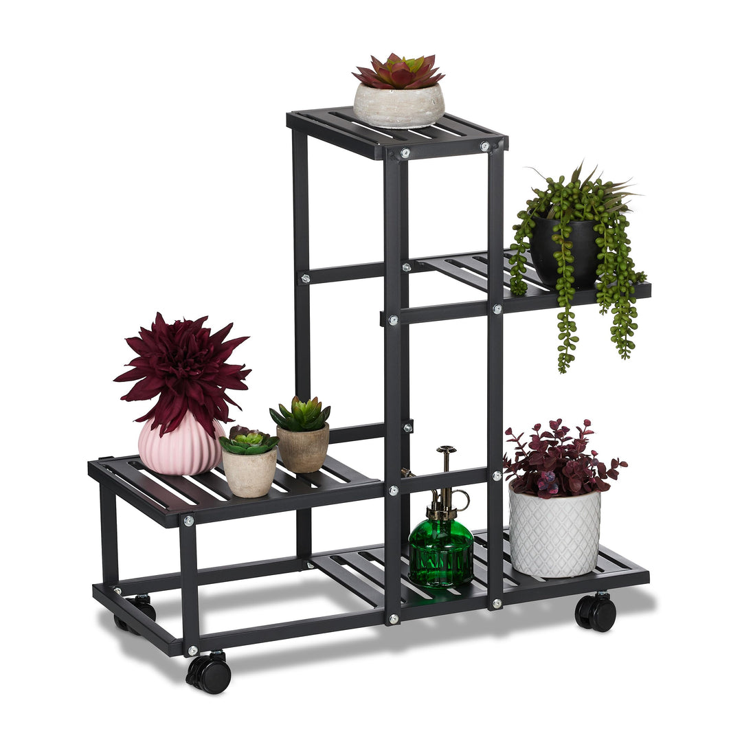 Relaxdays Blumenständer mit Rollen, HxBxT: 60,5 x 61,5 x 26 cm, Metall, 4 Ablagen, Pflanzenständer f