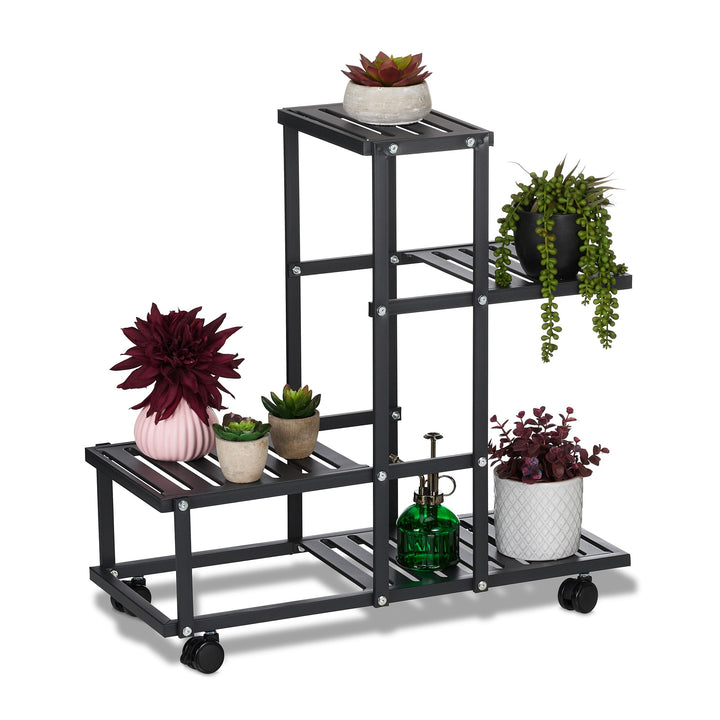 Relaxdays Blumenständer mit Rollen, HxBxT: 60,5 x 61,5 x 26 cm, Metall, 4 Ablagen, Pflanzenständer f