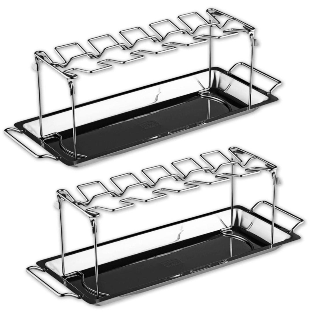 2x Edelstahl Hähnchenschenkel Halter mit Auffangschale für je 12 Schenkel Hähnchen Grill Backofen Hä