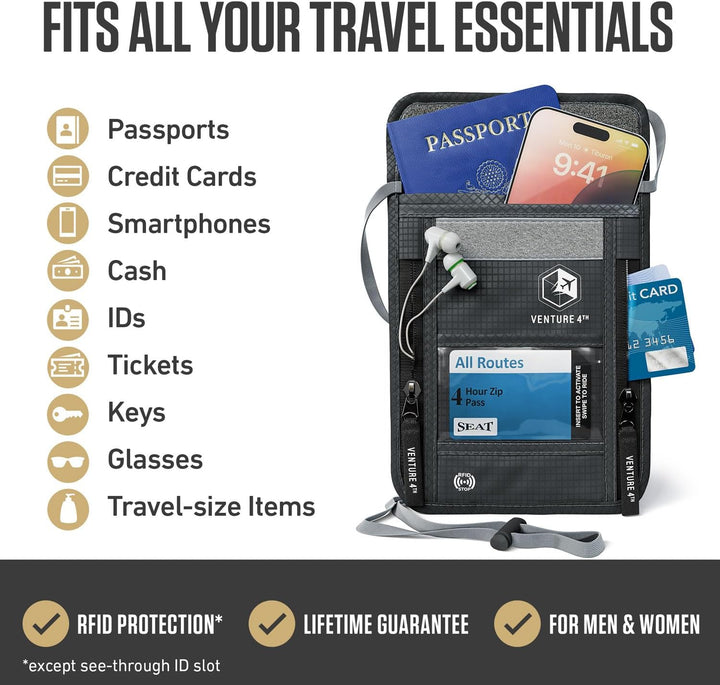 Venture 4TH Travel Neck Wallet with RFID Blocking – Passport Holder Neck Pouch to Keep Your Cash and