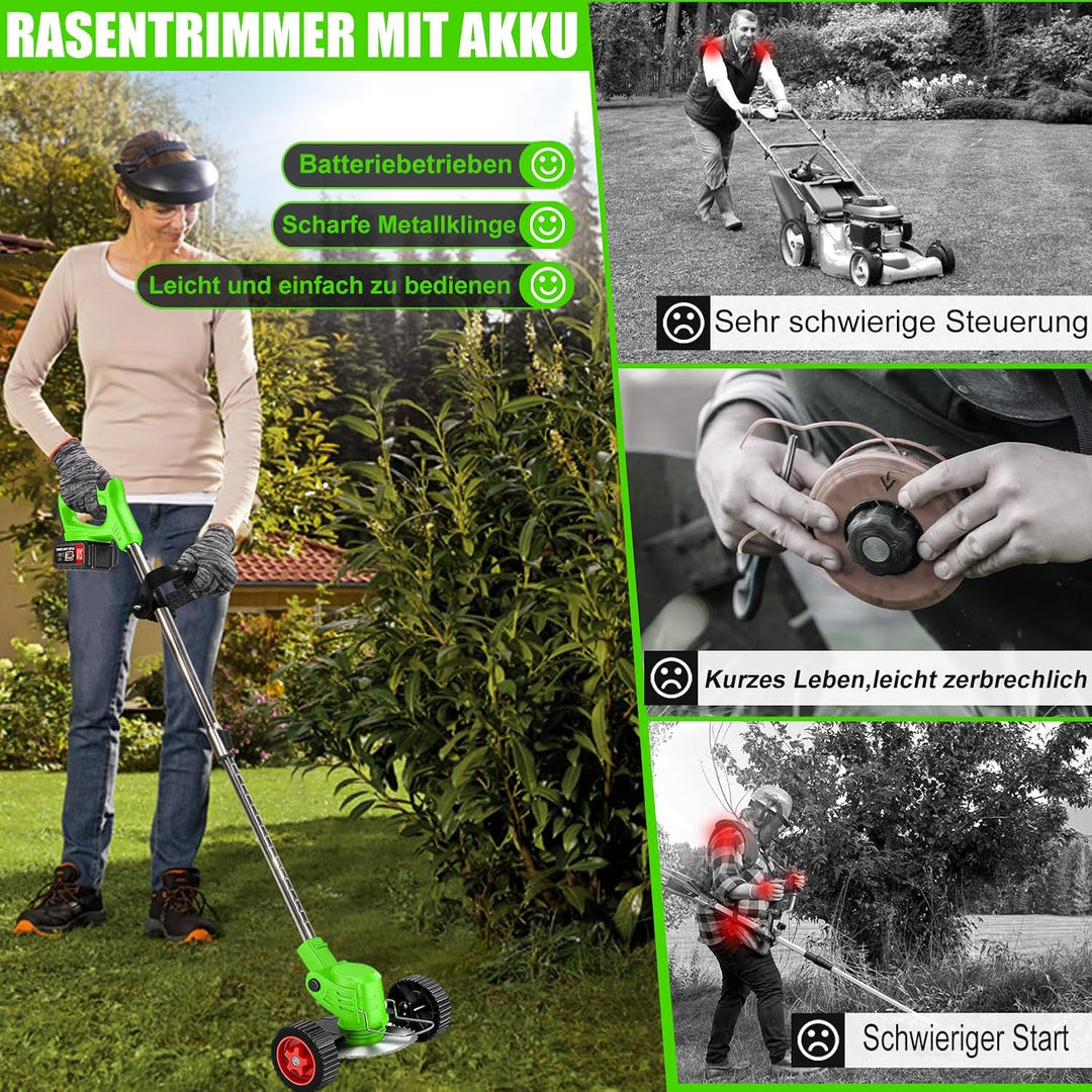 Akku-Rasentrimmer 21V Elektrischer Rasentrimmer - Motorsense akku Mit 2x2000mAh Batterie und 4 Messe