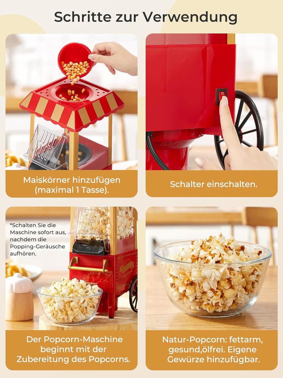 3,5L Popcornmaschine, HOUSNAT 1200W Heissluft Popcorn Maschine, Fettarme Ölfreie Popcorn Snack, Popc