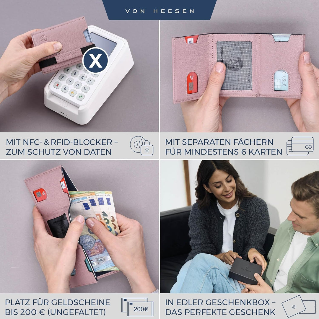 VON HEESEN Leder Slim Wallet - Geldbeutel mit RFID Schutz - Mini Geldbörse für Herren und Damen - Ka