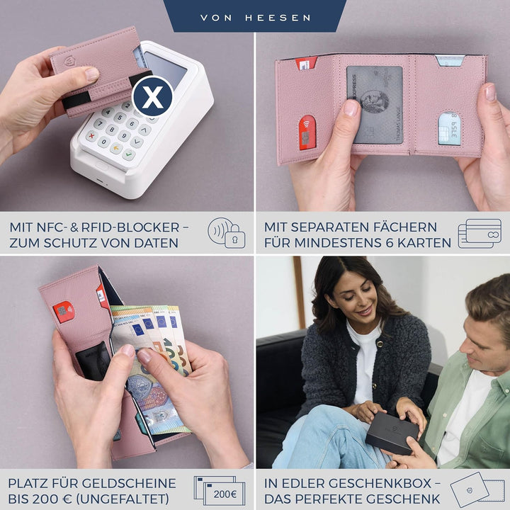 VON HEESEN Leder Slim Wallet - Geldbeutel mit RFID Schutz - Mini Geldbörse für Herren und Damen - Ka
