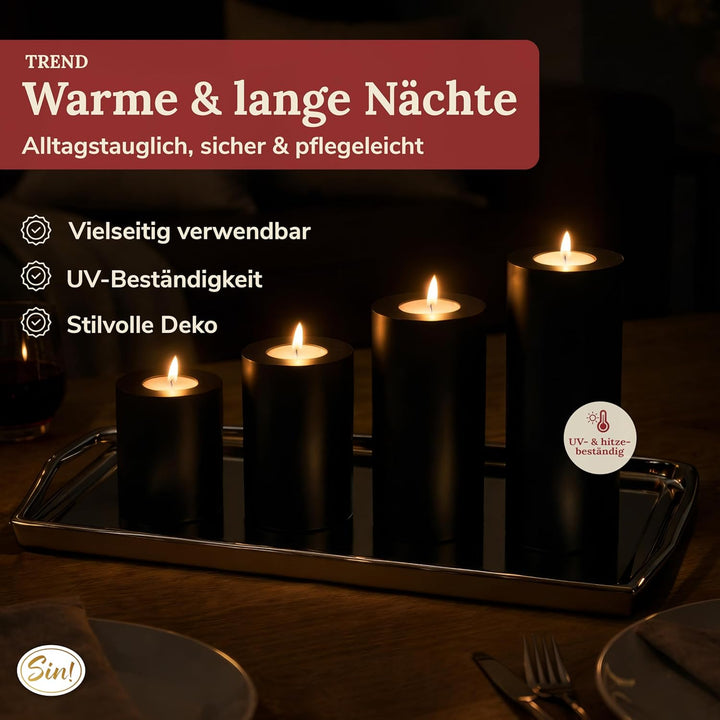 Sin!® 1x Teelichthalter & Dauerkerze Trend SCHWARZ ∅ 8cm Höhe 18cm - Die Kerze die Nicht schmilzt! K