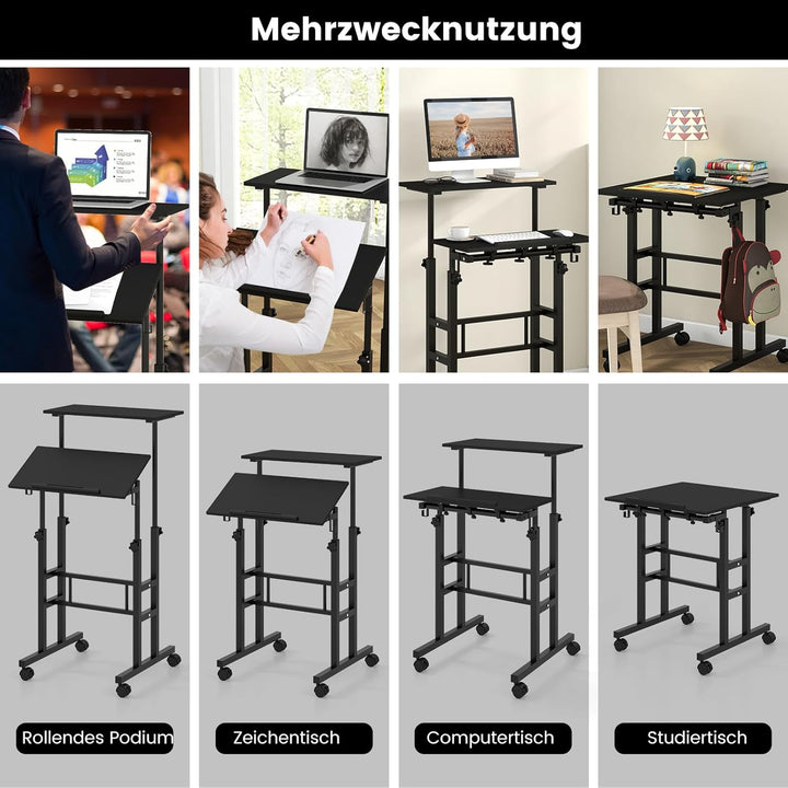 COSTWAY Stehpult Höhenverstellbar, mobiler Computertisch mit Rollen, neigbarer Tischplatte & 2 Haken