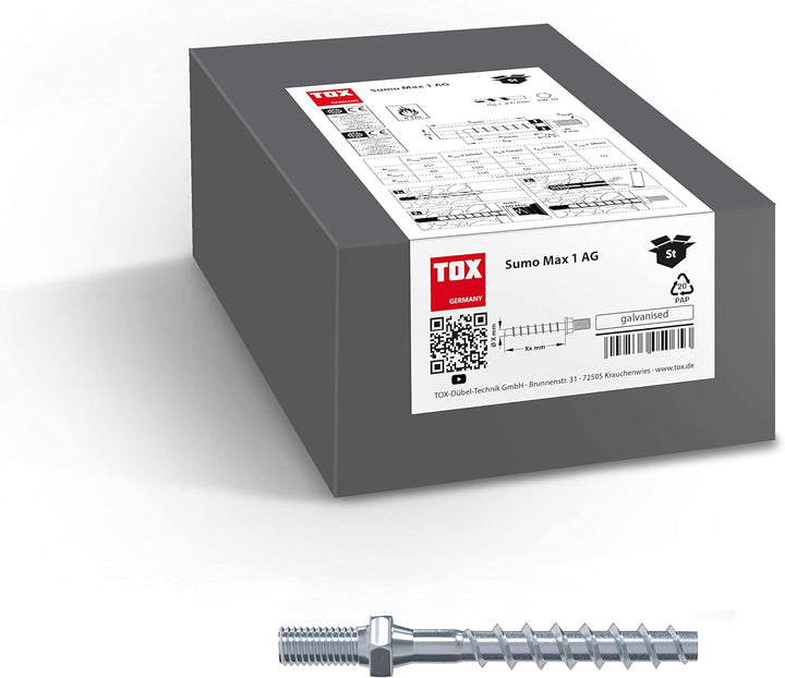 TOX Schraubanker Sumo Max 1 AG 6x55 mm, mit Anschlussgewinde M8, Stahl verzinkt, bauaufsichtlich zug