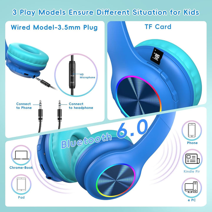 Candy Bila Bluetooth Kinder Kopfhörer Over-Ear, Kabellos mit LED-Leuchten, HD-Mikrofon, 85/94dB Laut