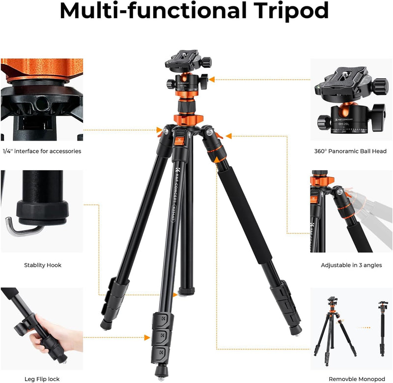 K&F Concept 200cm Stativ, Aluminium Kamera Stativ, K234A7(S210) Tripod mit Einbeinstativ Funktion, 3