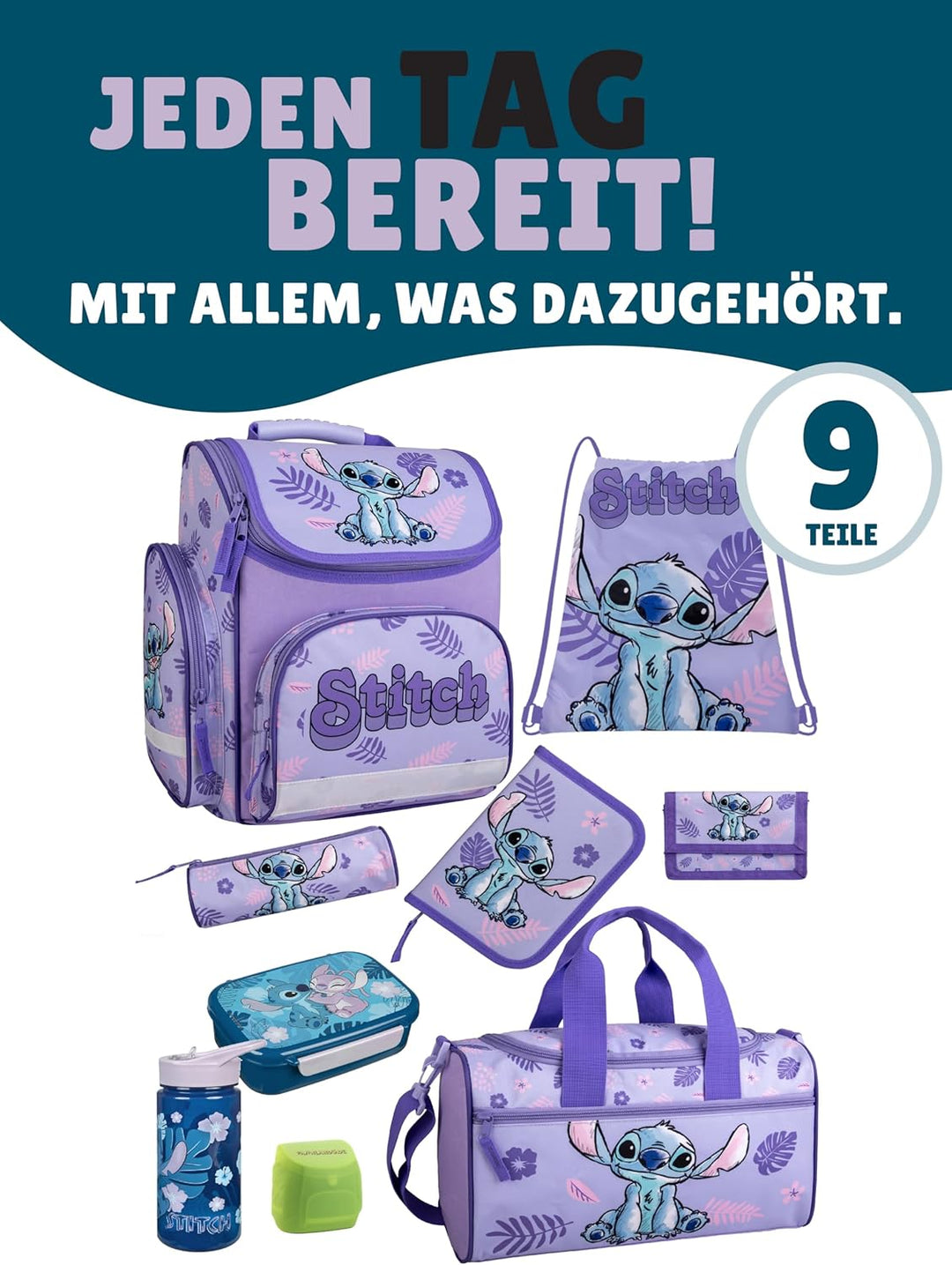 Familando - Schulranzen Set - 9-teilig mit Lunch-Set - Disneys Lilo und Stitch - Ergonomisch, stabil