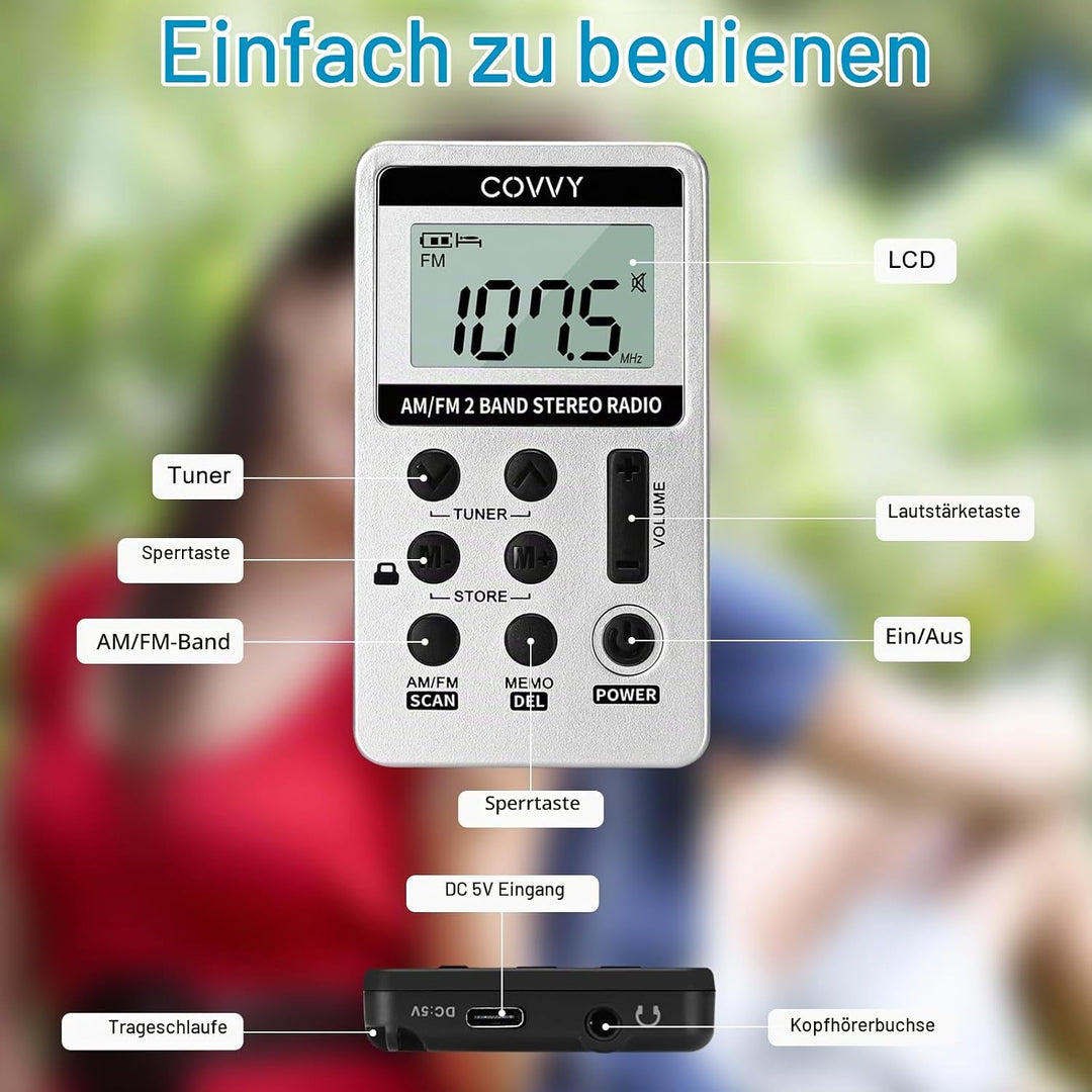 AM/FM Tragbares Radio,Covvy Digitales Pocket Mini Radio mit 500mAh 3.7V Wiederaufladbarer Akku und K