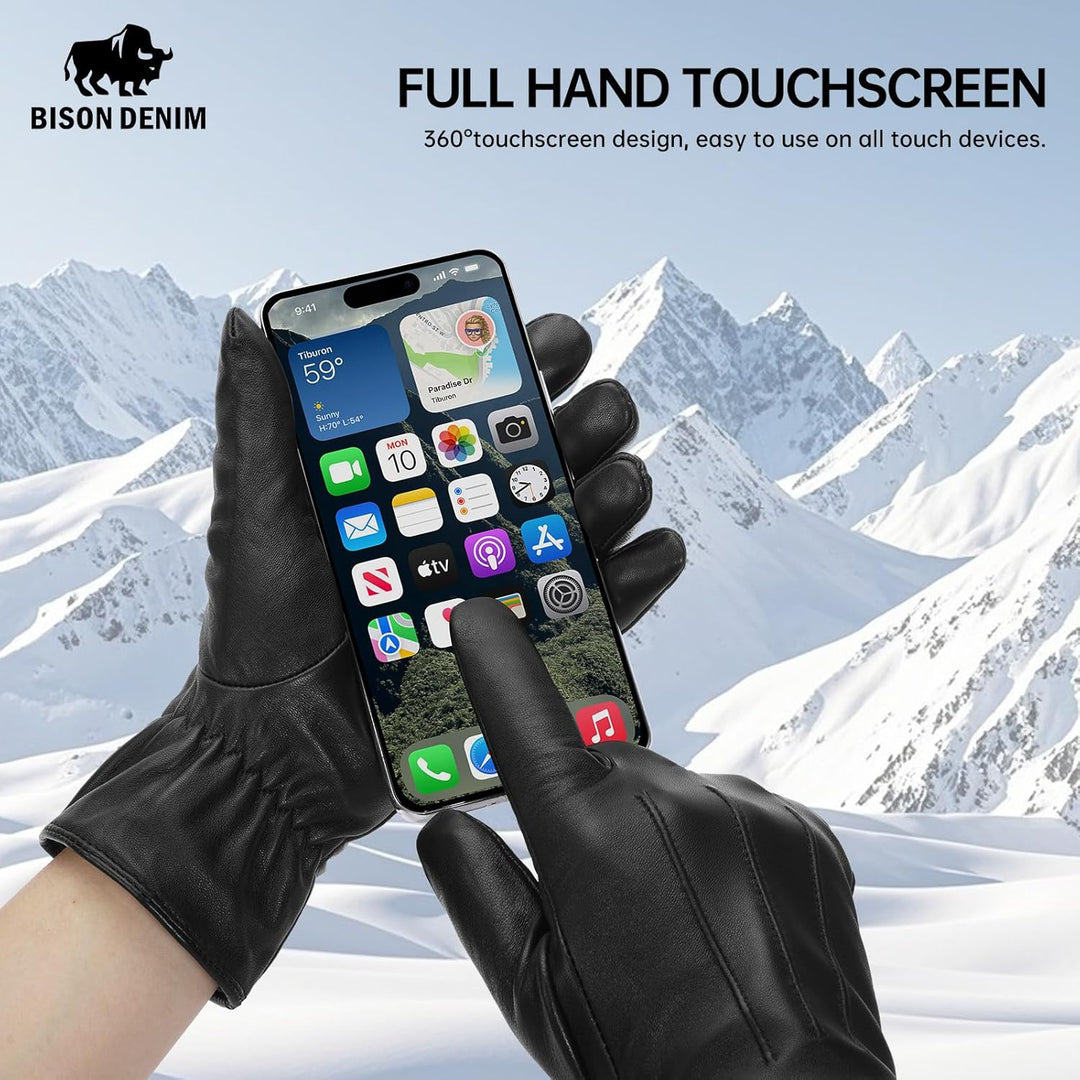 BISON DENIM leder handschuhe damen-Kaschmirverkleidung, Touchscreen und Winterhandschuhe Schwarz S,