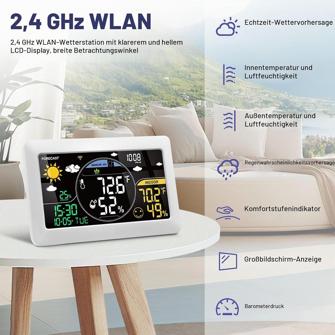 7.9" Wetterstation Funk mit Aussensensor VA-Display DCF Funkuhr, 20CM Grösse Farbdisplay mit Innen u