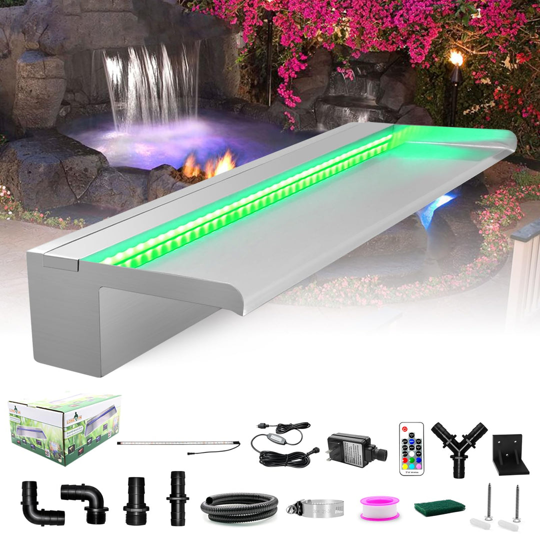 LONGRUN Wasserfall Edelstahl Pool Brunnen, Springbrunnen Garten Wasserfall mit Mehrfarbig LED, Teich
