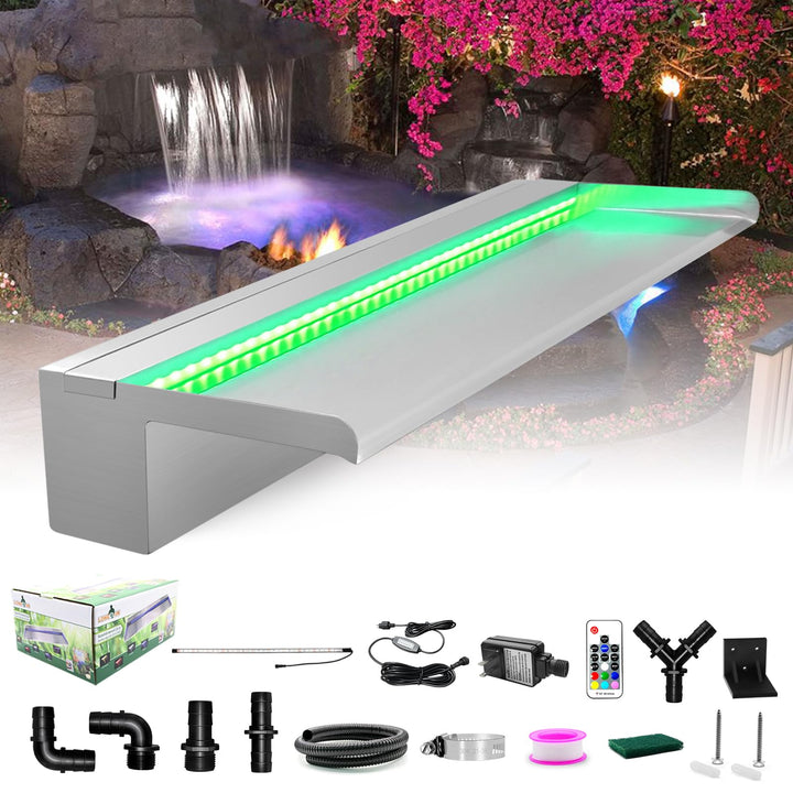 LONGRUN Wasserfall Edelstahl Pool Brunnen, Springbrunnen Garten Wasserfall mit Mehrfarbig LED, Teich