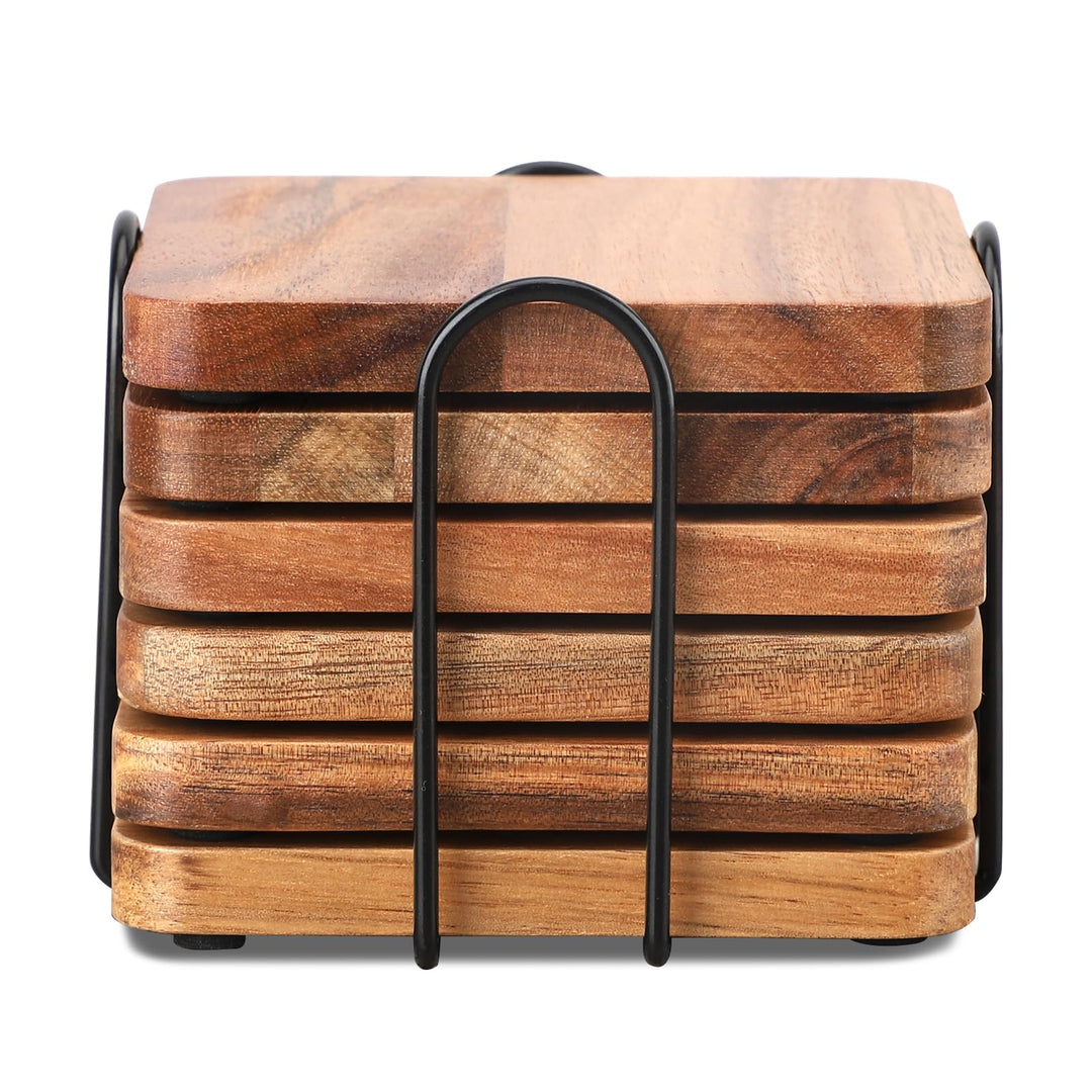 Untersetzer Gläser Holz 6er Set, Untersetzer aus Akazienholz mit Halter, Glasuntersetzer Holz eckig,