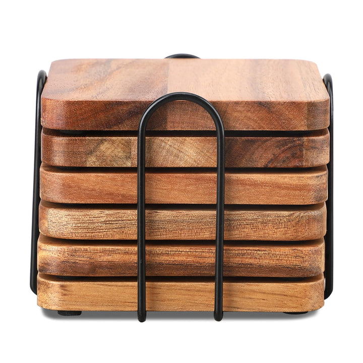 Untersetzer Gläser Holz 6er Set, Untersetzer aus Akazienholz mit Halter, Glasuntersetzer Holz eckig,