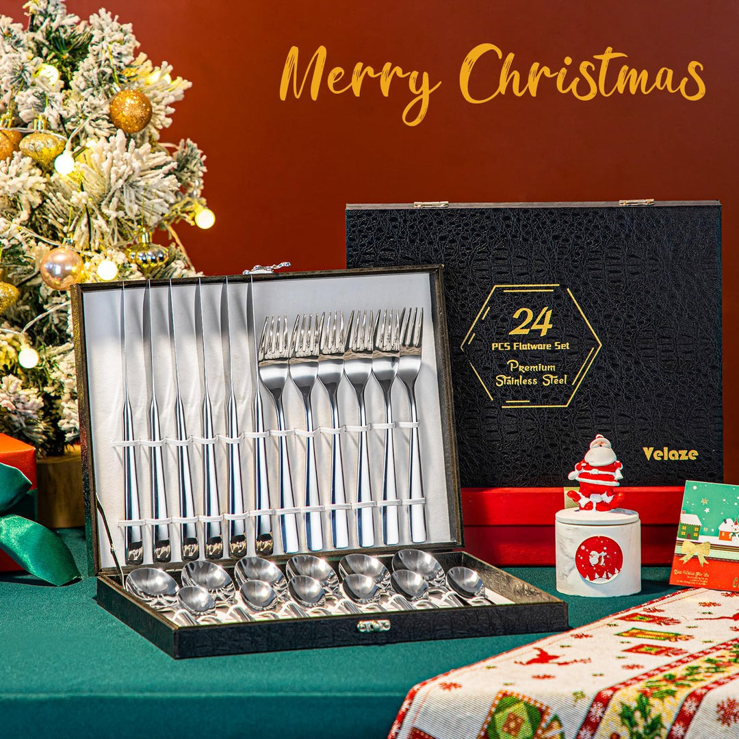 Velaze Besteck Set 6 Personen aus Premium-Edelstahl, Besteckset mit Schöner Geschenkbox, Spiegelpoli