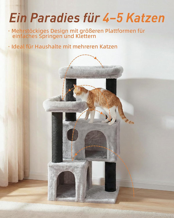 Kratzbaum für Grosse Katzen, 4 Ebenen Katzenbaum 55×45×111 cm, 2 Extra Hohe Jute-Kratzstämme (45 cm