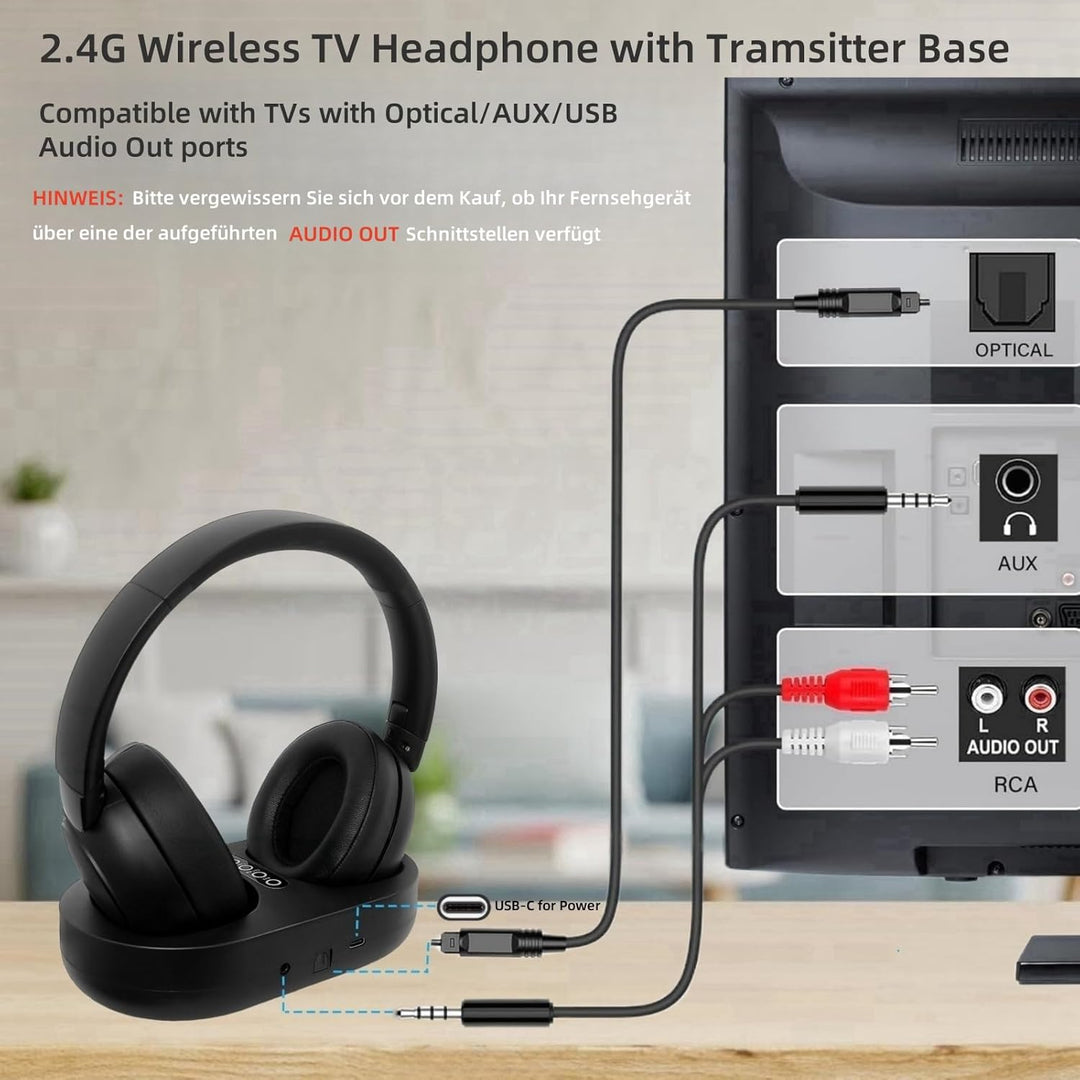 Kabellose TV-Kopfhörer für Senioren mit Sender-Ladestation, 2.4 GHz RF & Bluetooth 5.3 für Fernseher