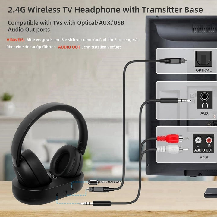 Kabellose TV-Kopfhörer für Senioren mit Sender-Ladestation, 2.4 GHz RF & Bluetooth 5.3 für Fernseher