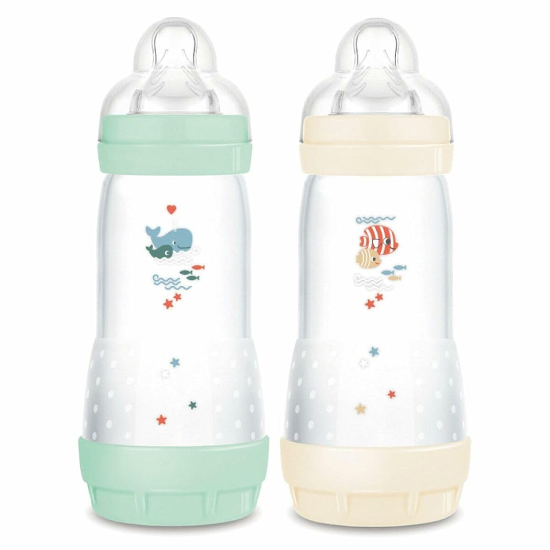 MAM - Easy Start Anti-Colic Babyflasche, 4+ Monate, schneller Durchfluss (2 x 320 ml) Minze + Baumwo