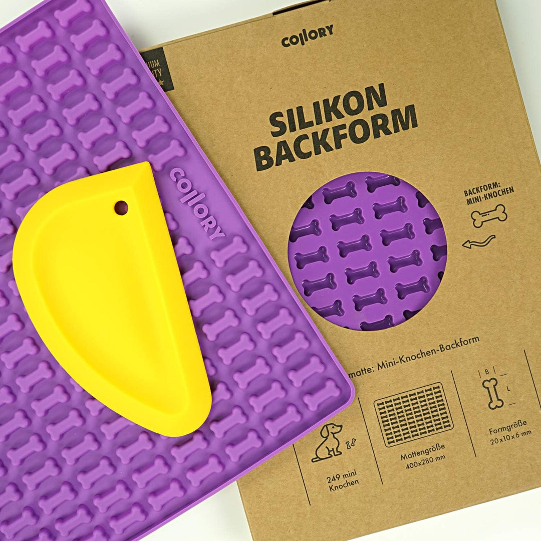 Collory Mini Knochen (2cm) Silikon Backform und Teigschaber Set, Backmatte für Hundekekse und Lecker