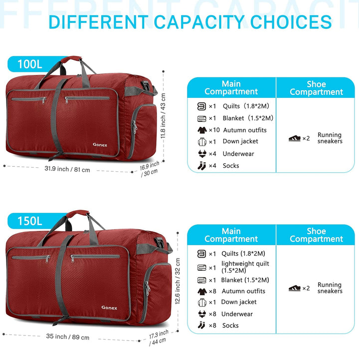 Gonex Leichter Faltbare Reise-Gepäck 100L Duffel Taschen Übernachtung Taschen/Sporttasche für Reisen