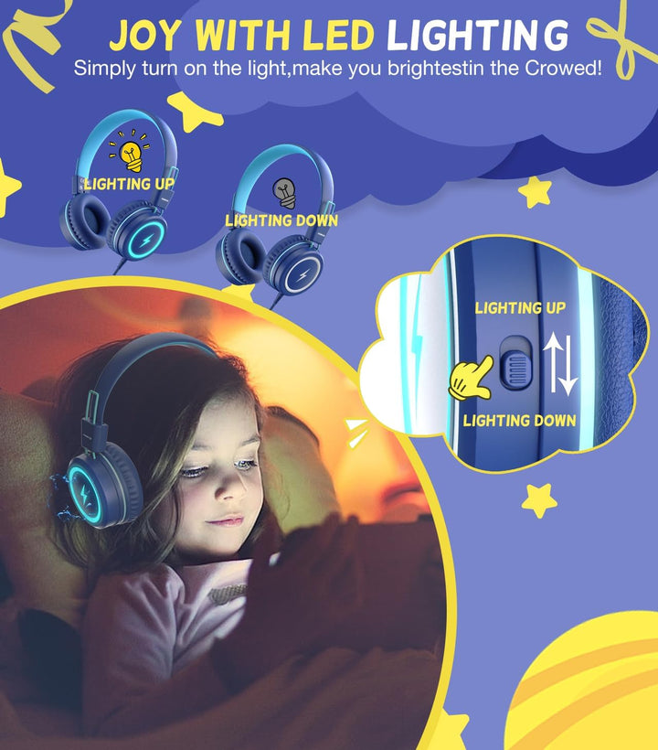 Kinder Kopfhörer für Schule, USB Typ C Kinder Kopfhörer mit LED-Leuchten, verdrahtete Jungen Mädchen