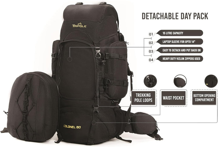 Tripole Rucksack Der Colonel-Serie Mit Innenrahmen - Mit Abnehmbarem Tagesrucksack Und Regenhülle 80