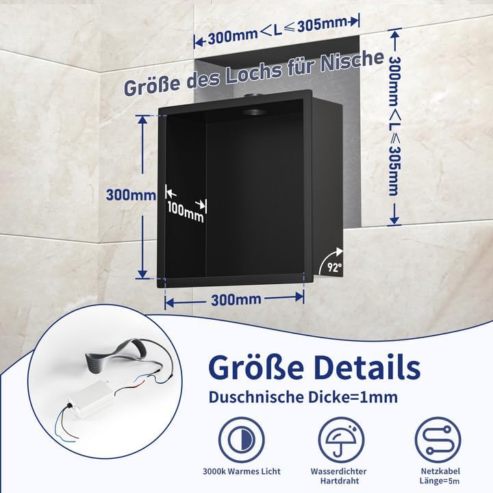 Wandnische Dusche Edelstahl mit LED Downlight, 30 cm x 30 cm, Wasserdicht - Keine Fliesen Erforderli