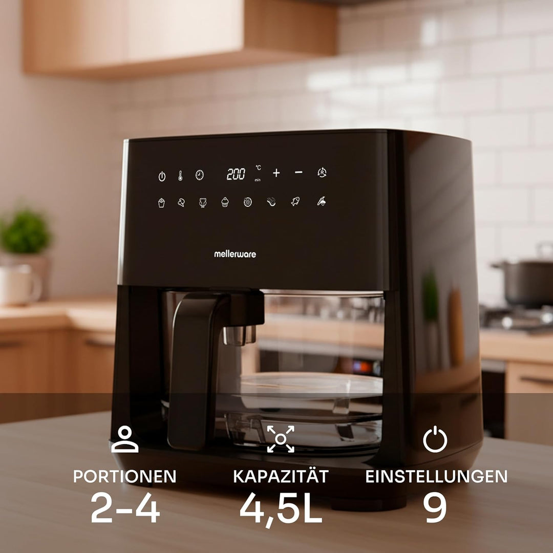 MELLERWARE – Heissluftfritteuse 1450W | Glasbehälter 4,5L | 9 Programme + Vorheizen | Touchscreen |